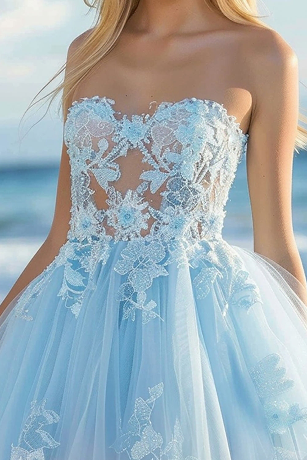 Strapless Blue A Line Homecoming Dress with Appliques - Image 2