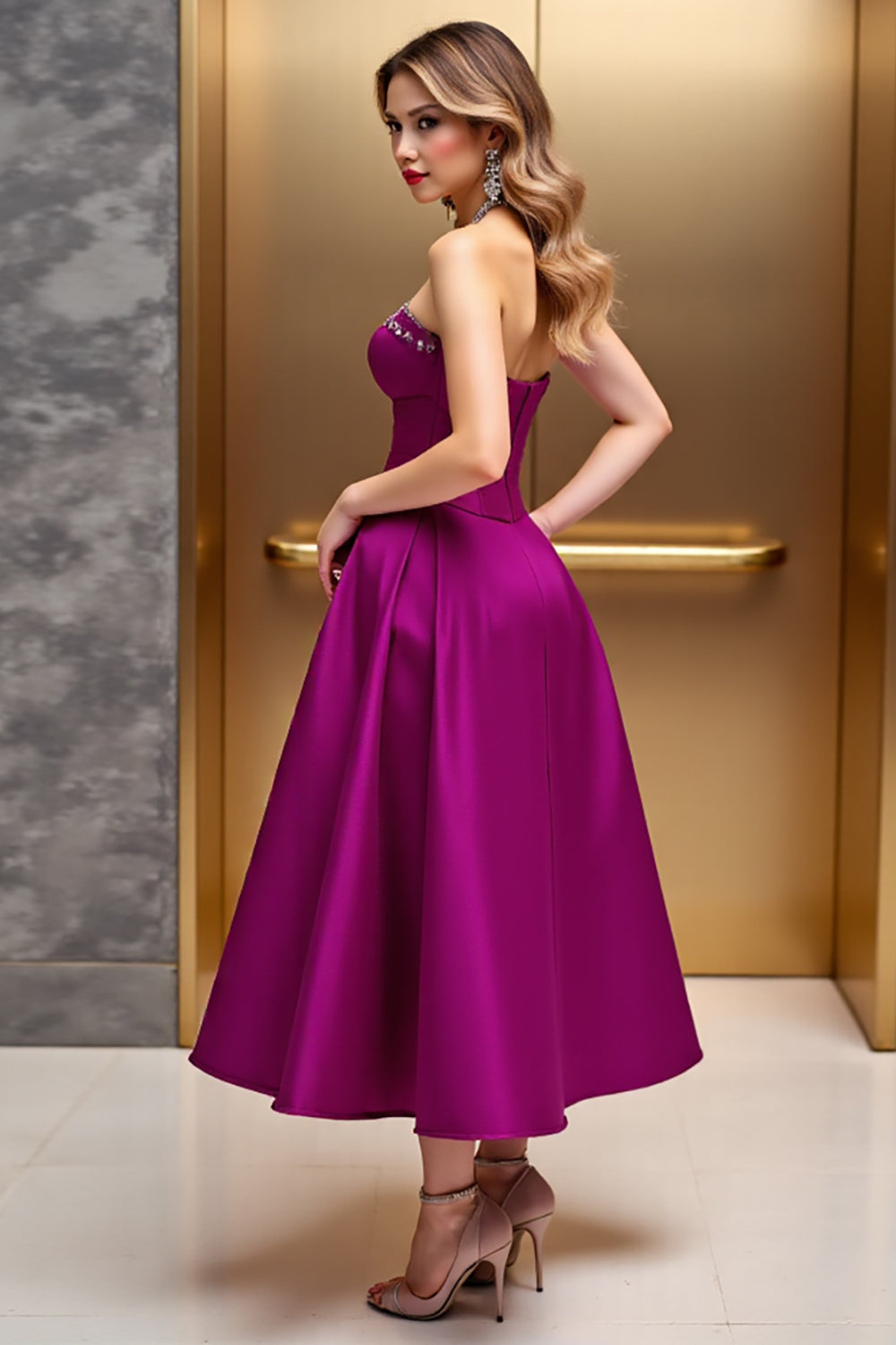 Strapless Beaded Fuchsia A Line Wedding Guest Dress - Image 2