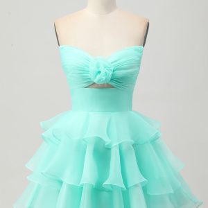 Strapless A-Line Cut Out Tiered Green Homecoming Dress