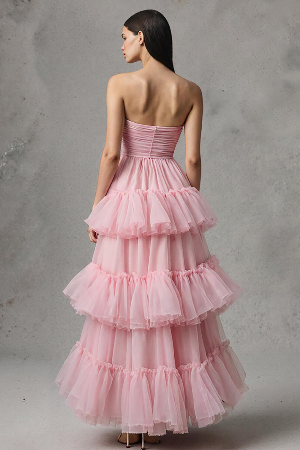 Strapless A-Line Tiered Pink Long Prom Dress With Ruffles - Image 2