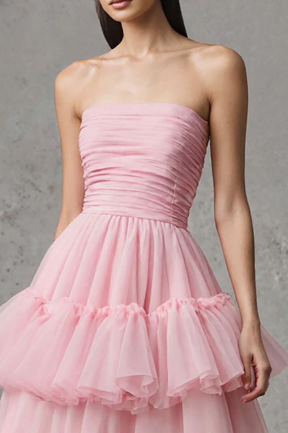 Strapless A-Line Tiered Pink Long Prom Dress With Ruffles - Image 3