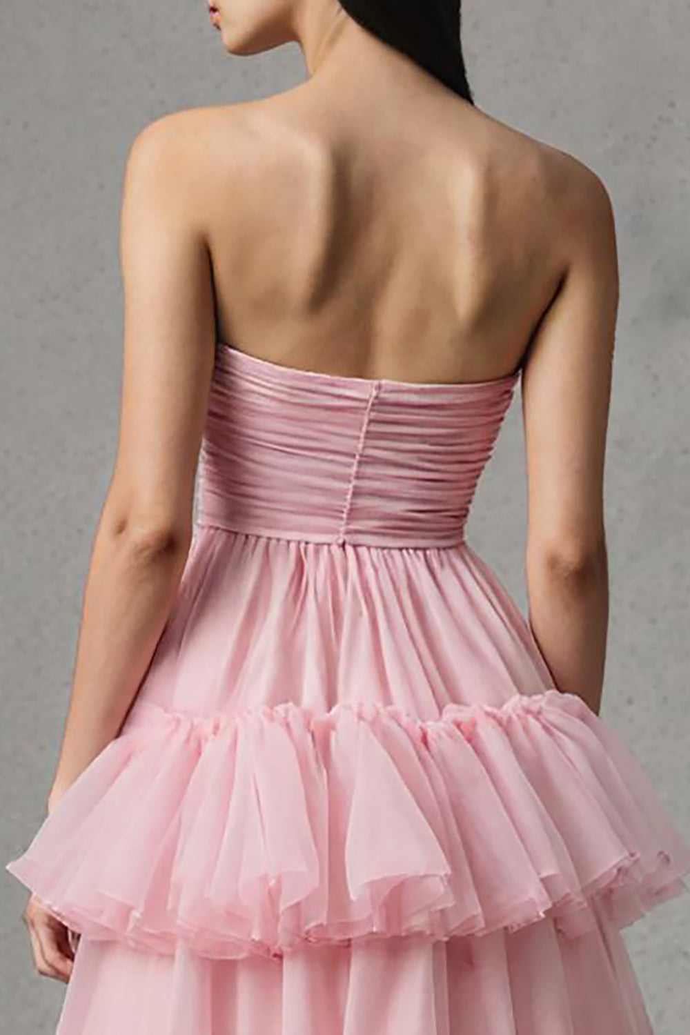 Strapless A-Line Tiered Pink Long Prom Dress With Ruffles - Image 4