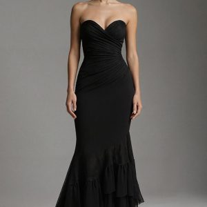 Strapless Black Ruched Mermaid Long Formal Dress