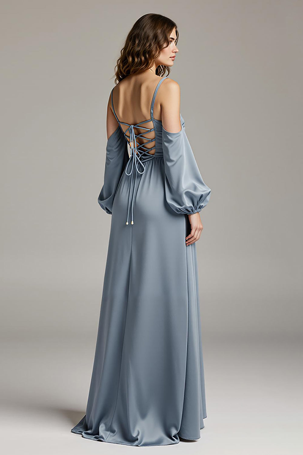 Steel Grey Cold Shoulder Satin Maxi Dress With Slit - Image 2