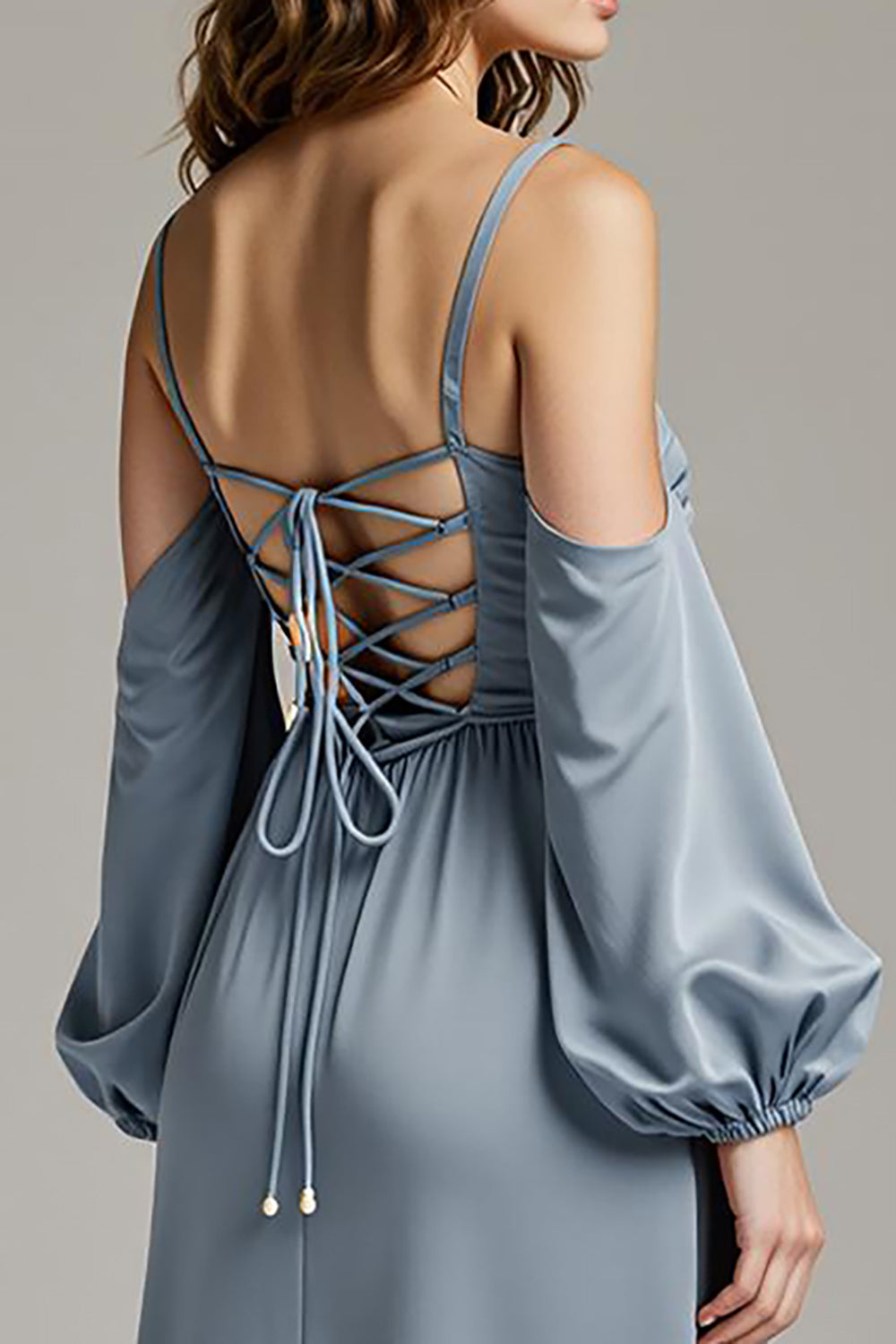 Steel Grey Cold Shoulder Satin Maxi Dress With Slit - Image 4