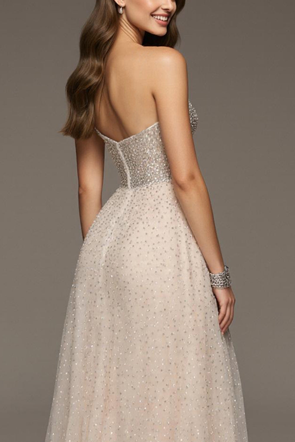 Strapless A-Line Ivory Sequin Prom Dress - Image 4