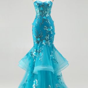 Strapless Blue Mermaid Ruffle Corset Prom Dress With Appliques