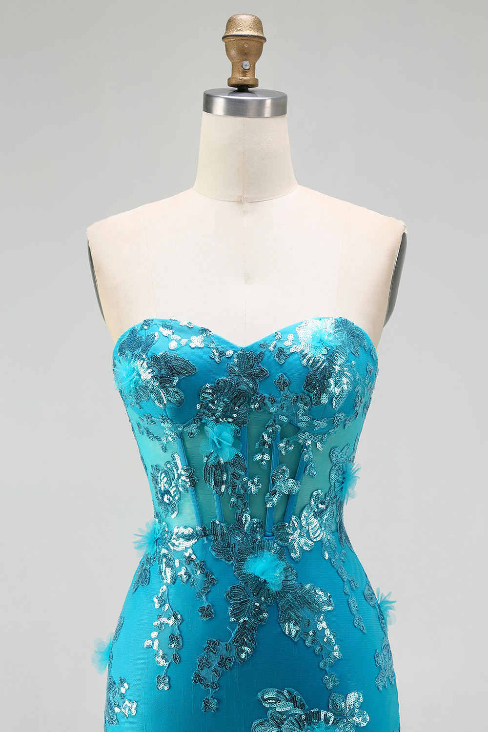 Strapless Blue Mermaid Ruffle Corset Prom Dress With Appliques - Image 4
