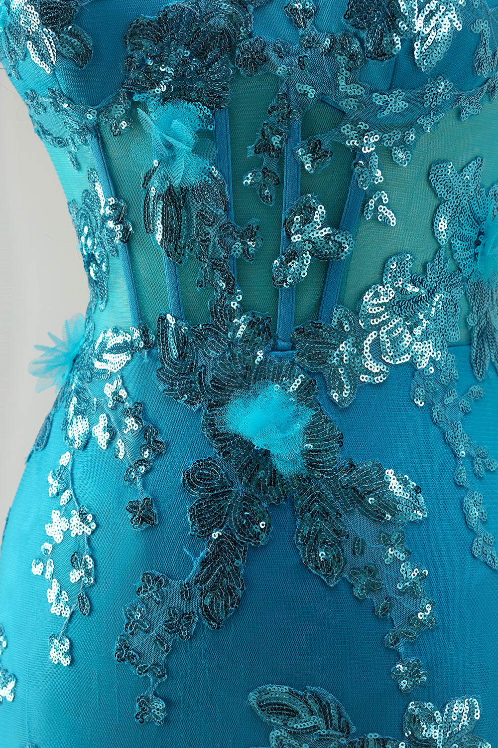 Strapless Blue Mermaid Ruffle Corset Prom Dress With Appliques - Image 7