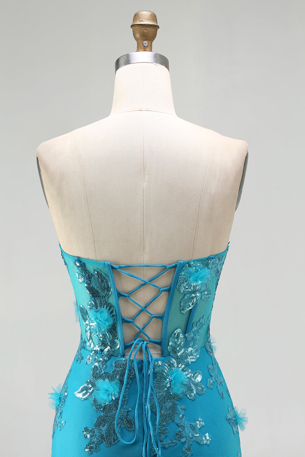 Strapless Blue Mermaid Ruffle Corset Prom Dress With Appliques - Image 5