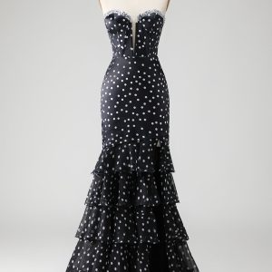 Strapless Black White Dot Corset Tiered Mermaid Prom Dress With Slit