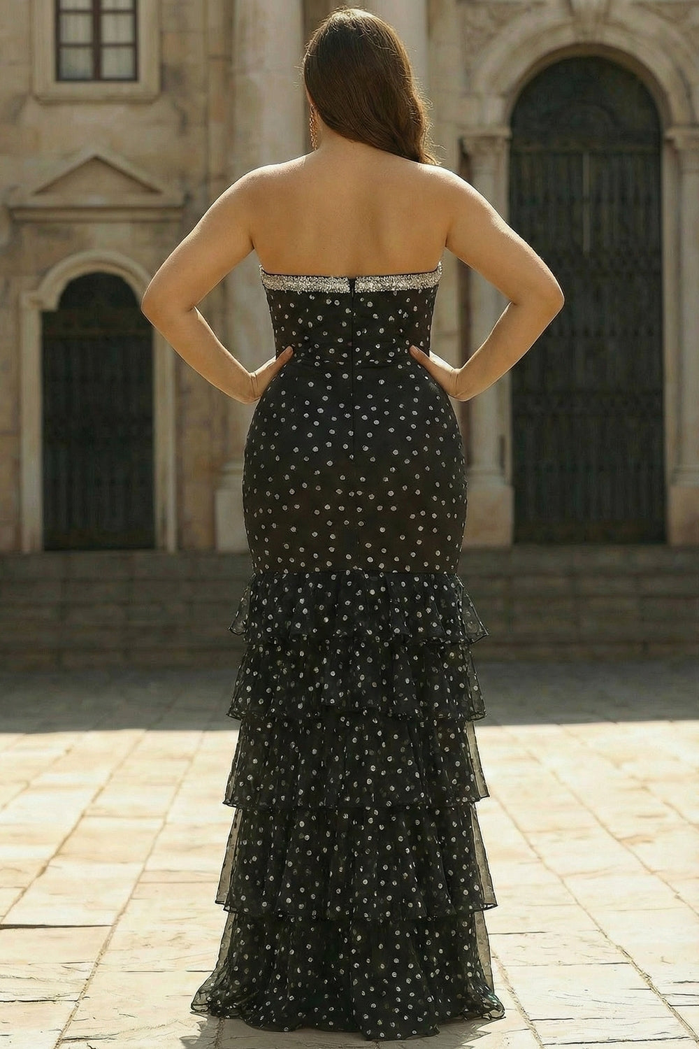 Strapless Black White Polka Dot Corset Tiered Plus Size Prom Dress - Image 2