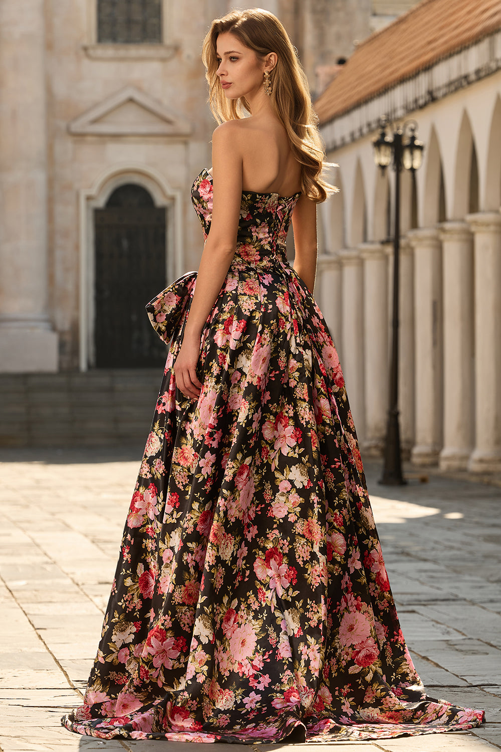 Strapless A Line Black Pink Floral Prom Dress - Image 2