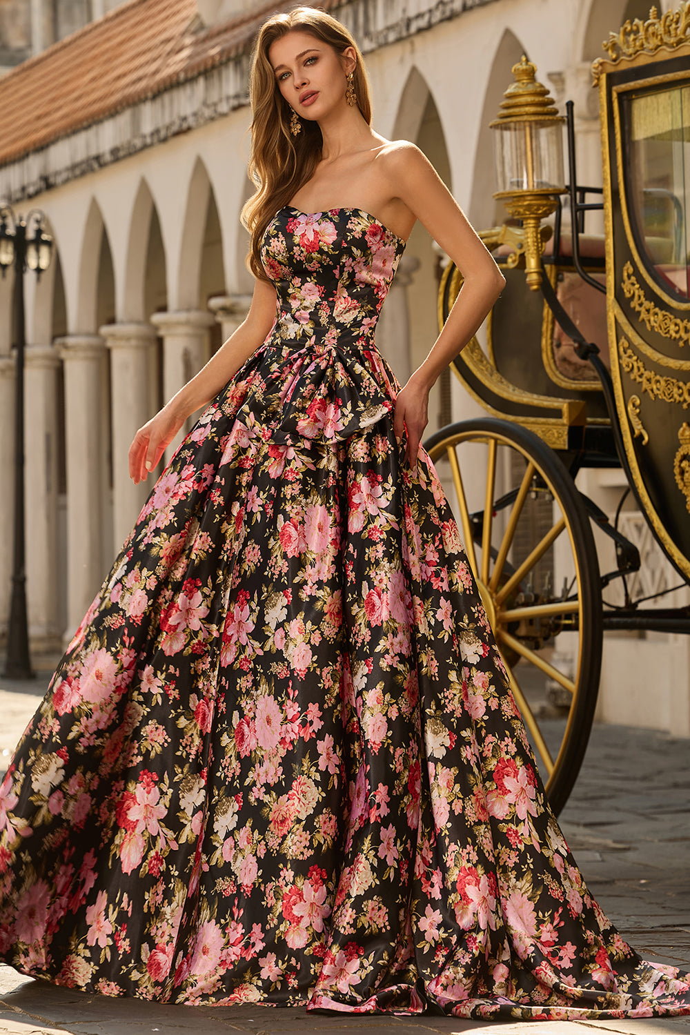 Strapless A Line Black Pink Floral Prom Dress - Image 3