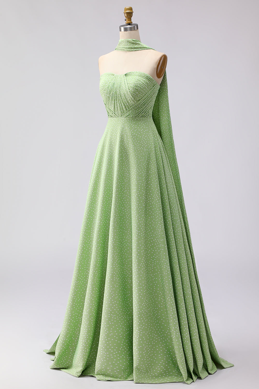 Strapless A Line Green White Polka Dot Bridesmaid Dress - Image 3