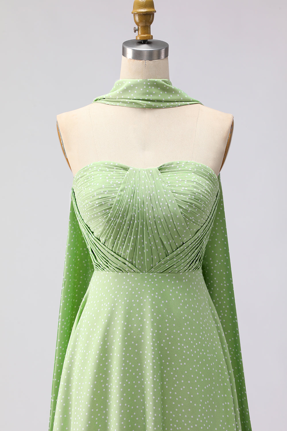 Strapless A Line Green White Polka Dot Bridesmaid Dress - Image 4