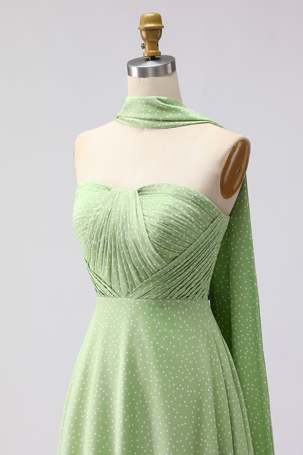 Strapless A Line Green White Polka Dot Bridesmaid Dress - Image 6