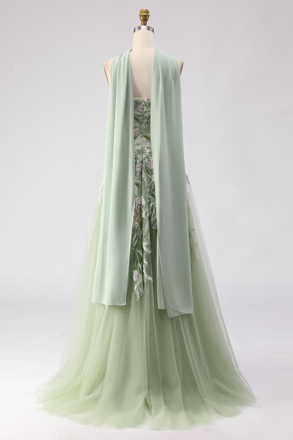 Strapless A-Line Dusty Sage Embroidered Prom Dress With Streamer - Image 2