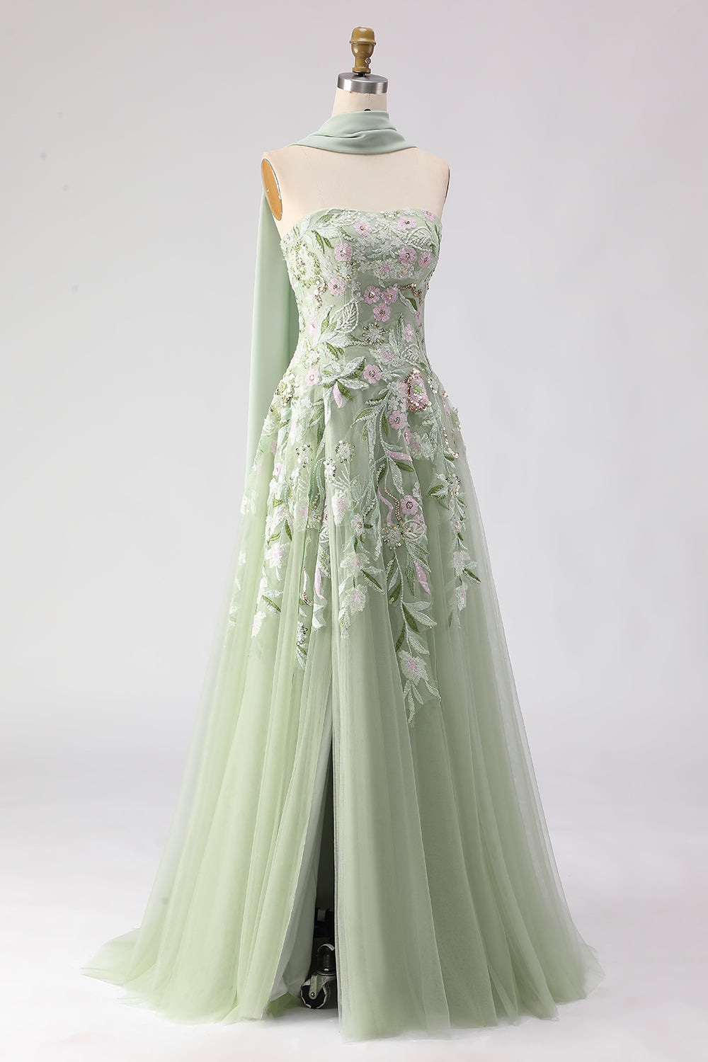 Strapless A-Line Dusty Sage Embroidered Prom Dress With Streamer - Image 3