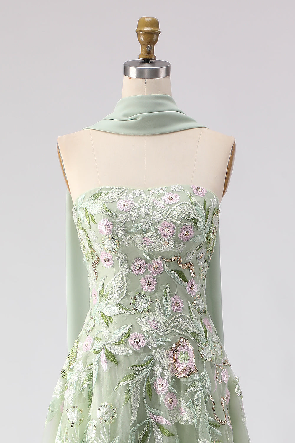 Strapless A-Line Dusty Sage Embroidered Prom Dress With Streamer - Image 4