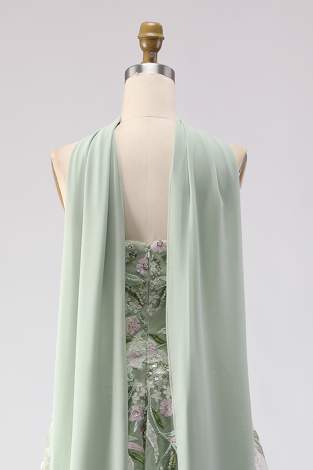 Strapless A-Line Dusty Sage Embroidered Prom Dress With Streamer - Image 5