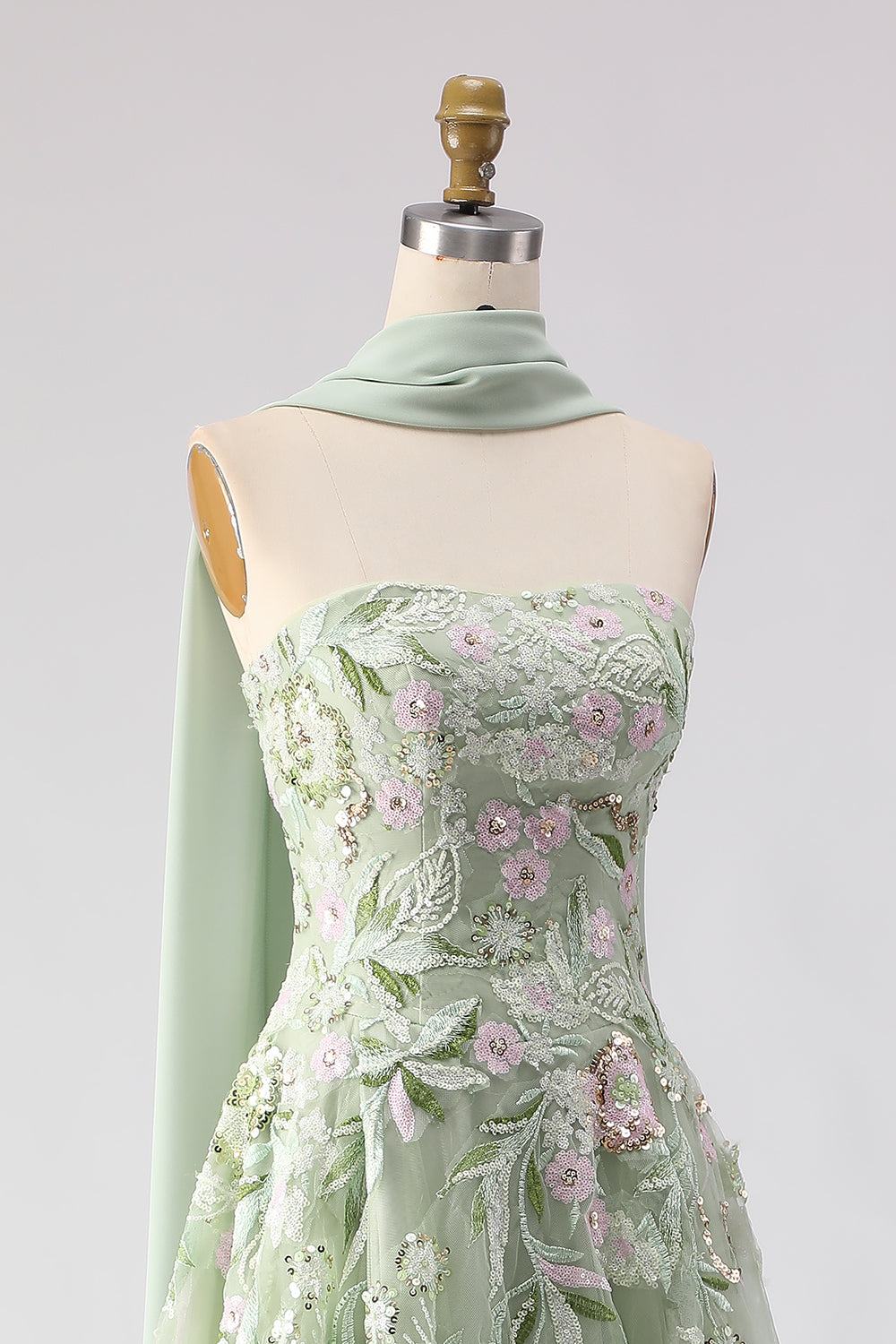 Strapless A-Line Dusty Sage Embroidered Prom Dress With Streamer - Image 6