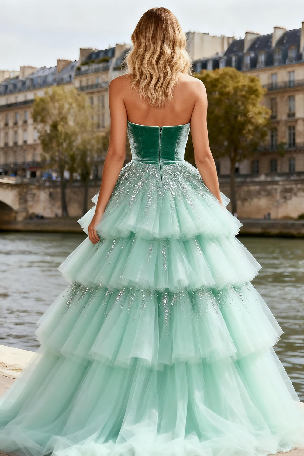 Strapless A-Line Mint Green Velvet Prom Dress With Tulle Overlay - Image 2