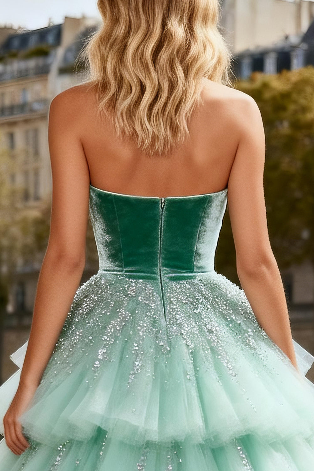 Strapless A-Line Mint Green Velvet Prom Dress With Tulle Overlay - Image 4