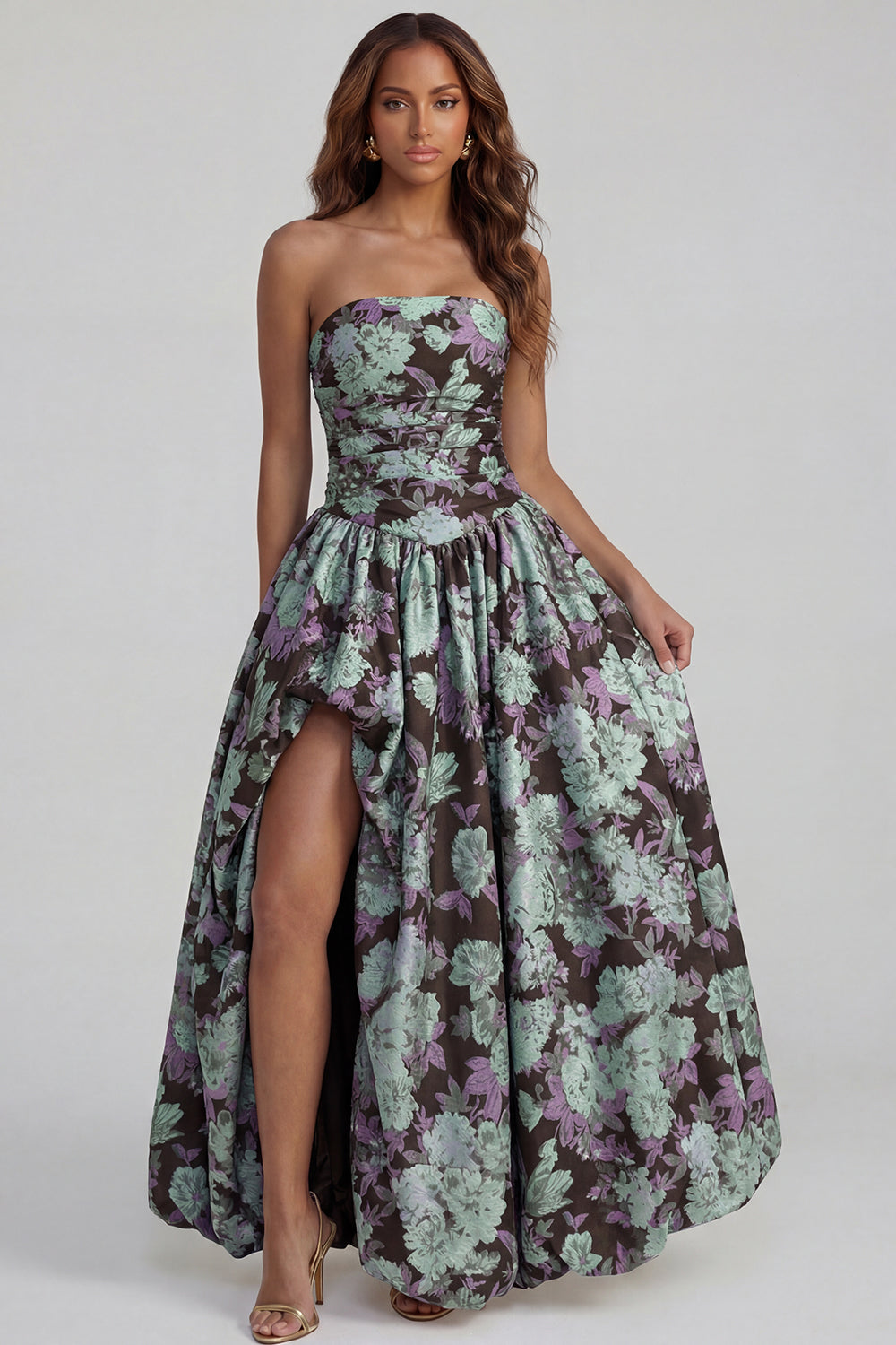 Strapless A Line Blue White Floral Wedding Guest Dress with Slit - Image 33