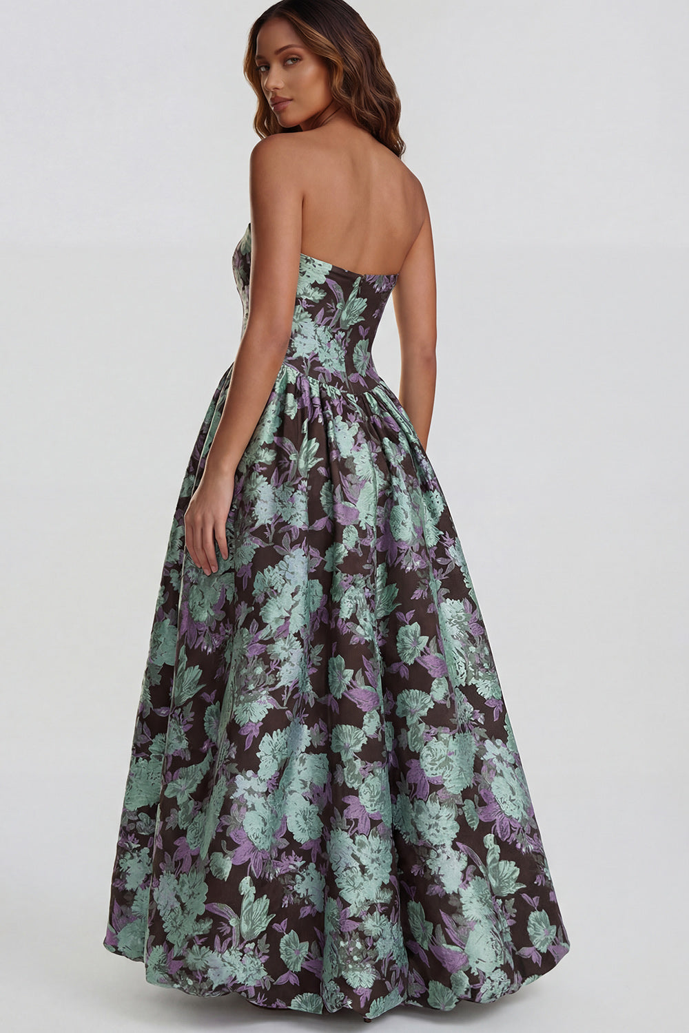 Strapless A Line Blue White Floral Wedding Guest Dress with Slit - Image 34