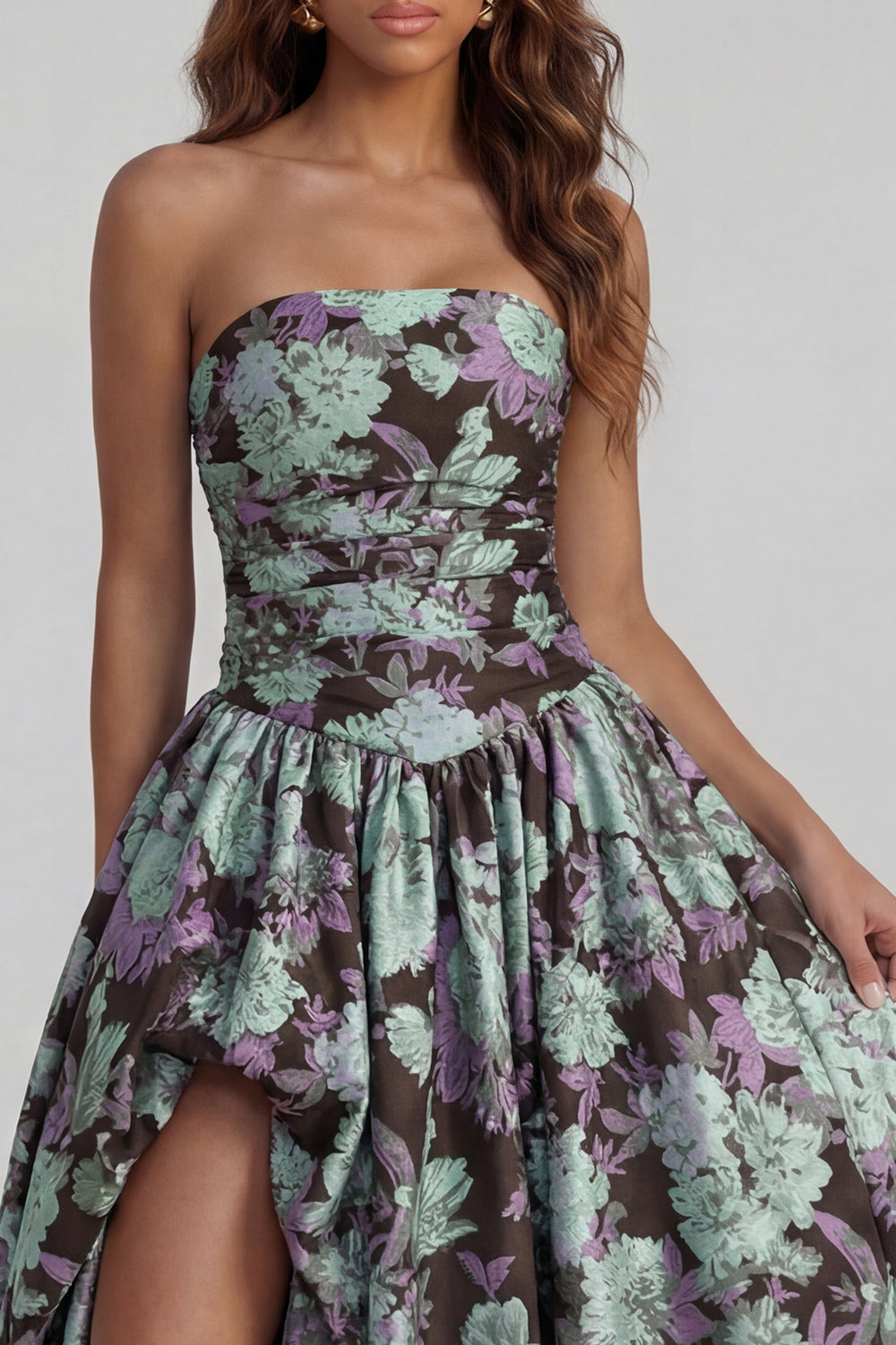 Strapless A Line Blue White Floral Wedding Guest Dress with Slit - Image 35
