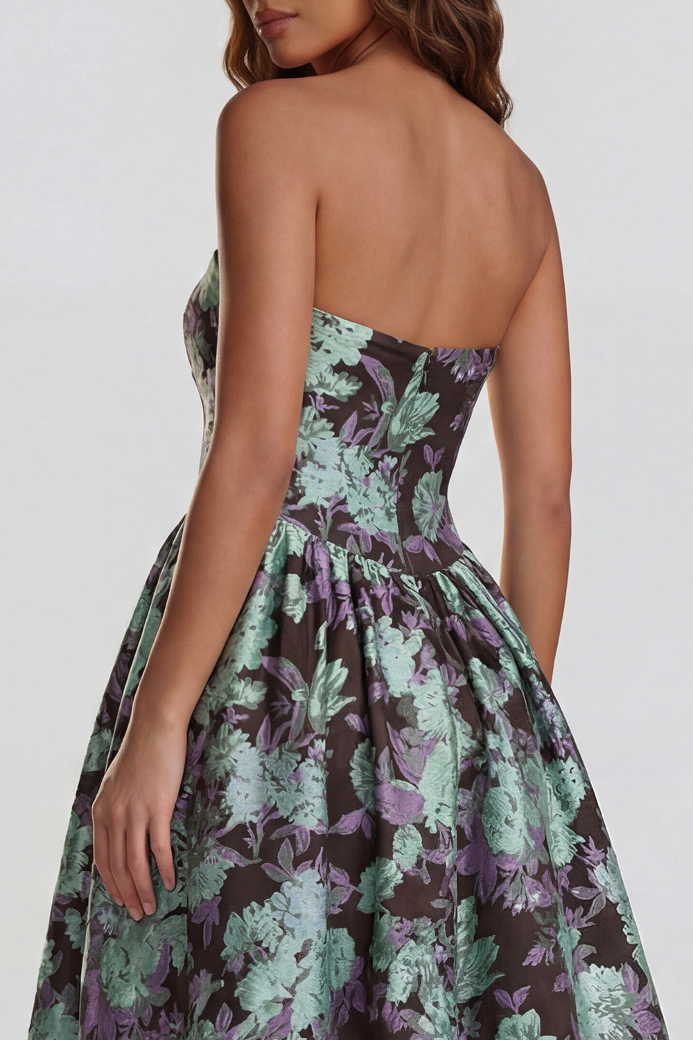 Strapless A Line Blue White Floral Wedding Guest Dress with Slit - Image 36