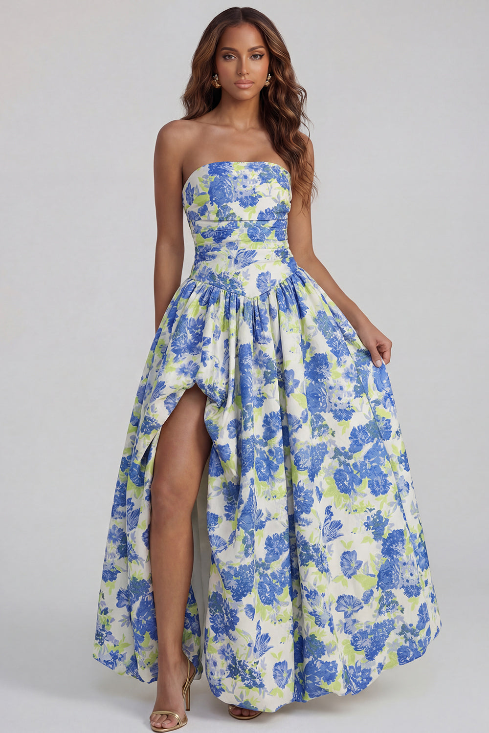 Strapless A Line Blue White Floral Wedding Guest Dress with Slit - Image 5