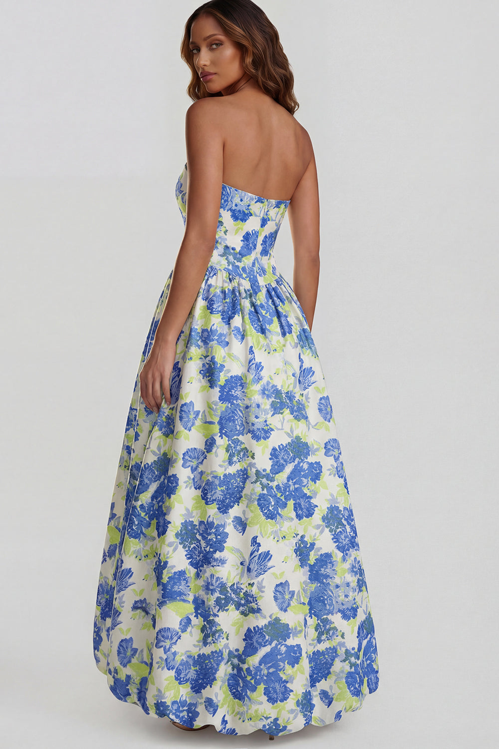 Strapless A Line Blue White Floral Wedding Guest Dress with Slit - Image 6