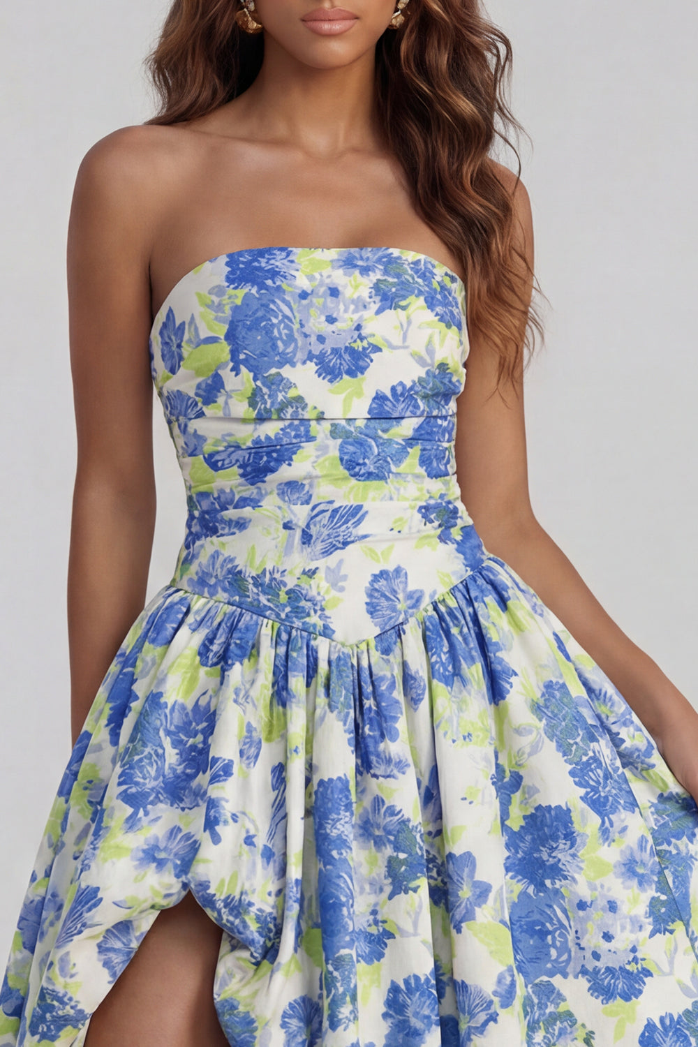 Strapless A Line Blue White Floral Wedding Guest Dress with Slit - Image 7