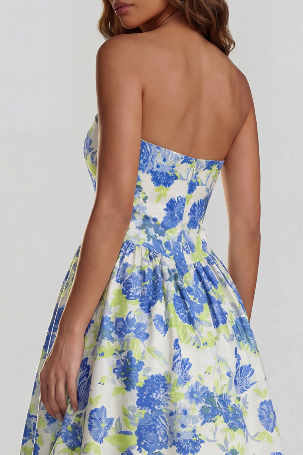 Strapless A Line Blue White Floral Wedding Guest Dress with Slit - Image 8