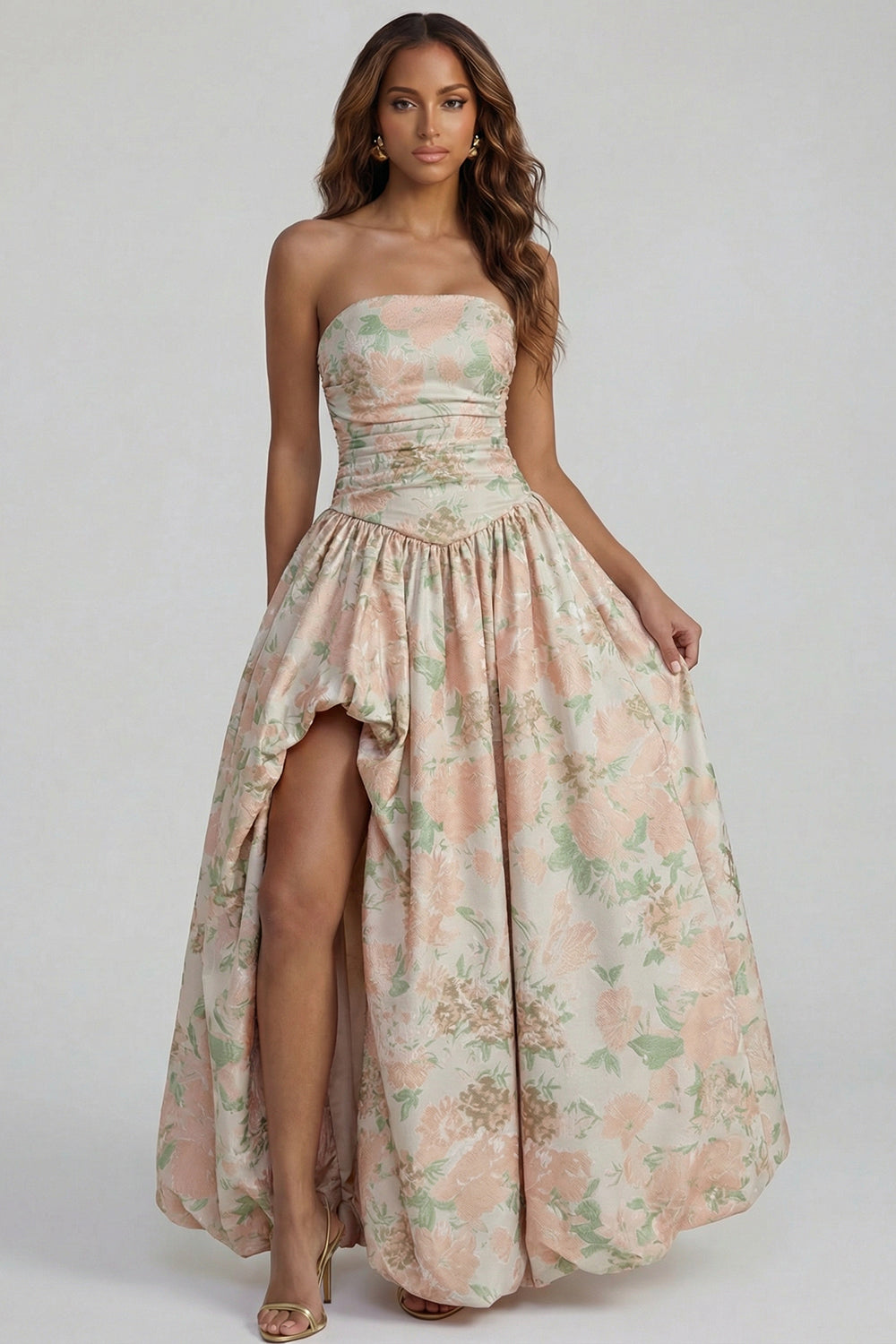 Strapless A Line Blue White Floral Wedding Guest Dress with Slit - Image 9