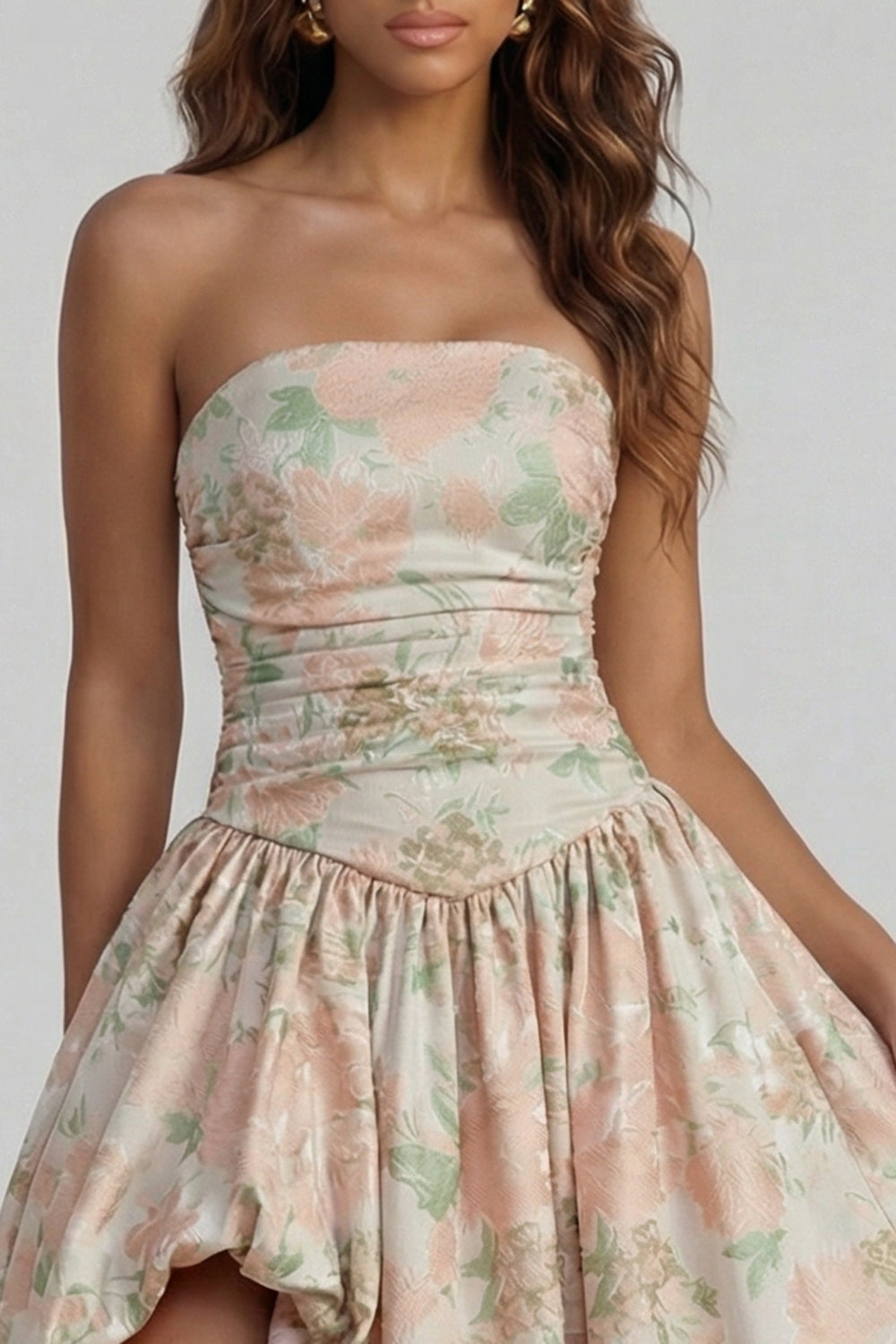 Strapless A Line Blue White Floral Wedding Guest Dress with Slit - Image 11