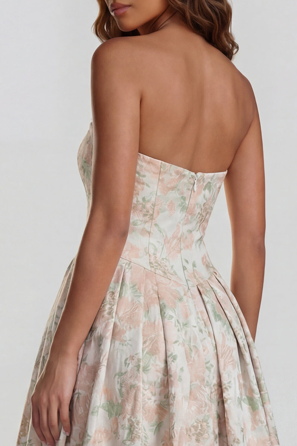 Strapless A Line Blue White Floral Wedding Guest Dress with Slit - Image 12