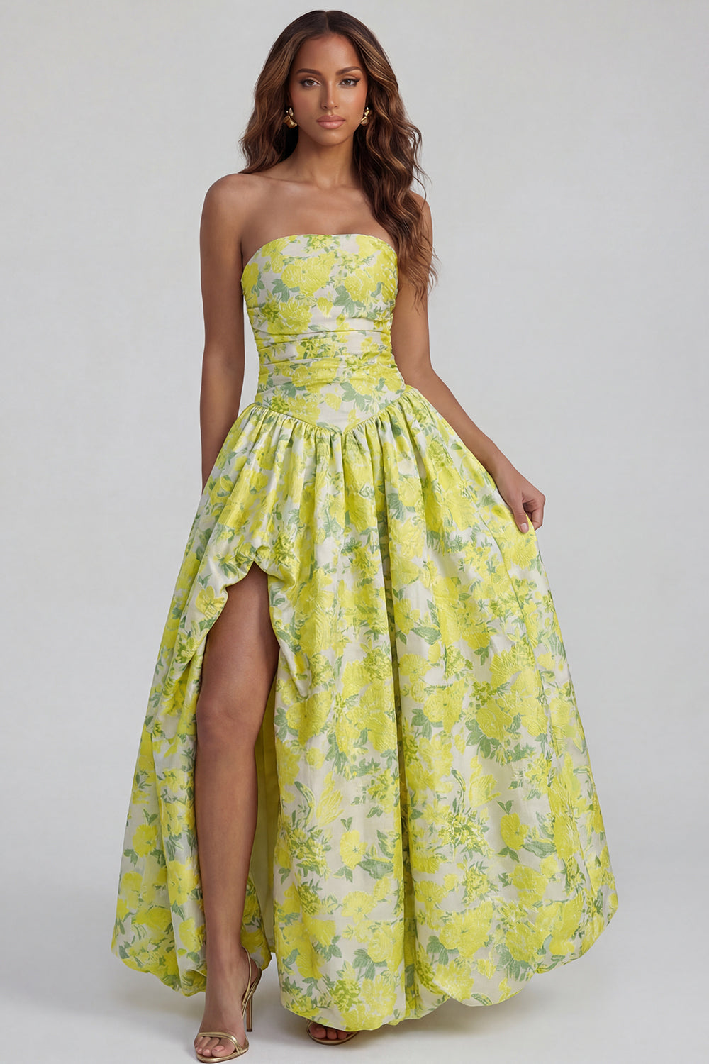 Strapless A Line Blue White Floral Wedding Guest Dress with Slit - Image 13