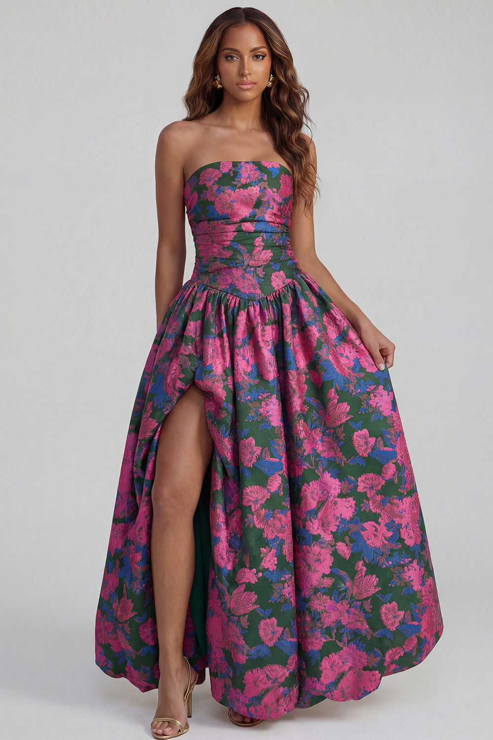 Strapless A Line Blue White Floral Wedding Guest Dress with Slit - Image 17