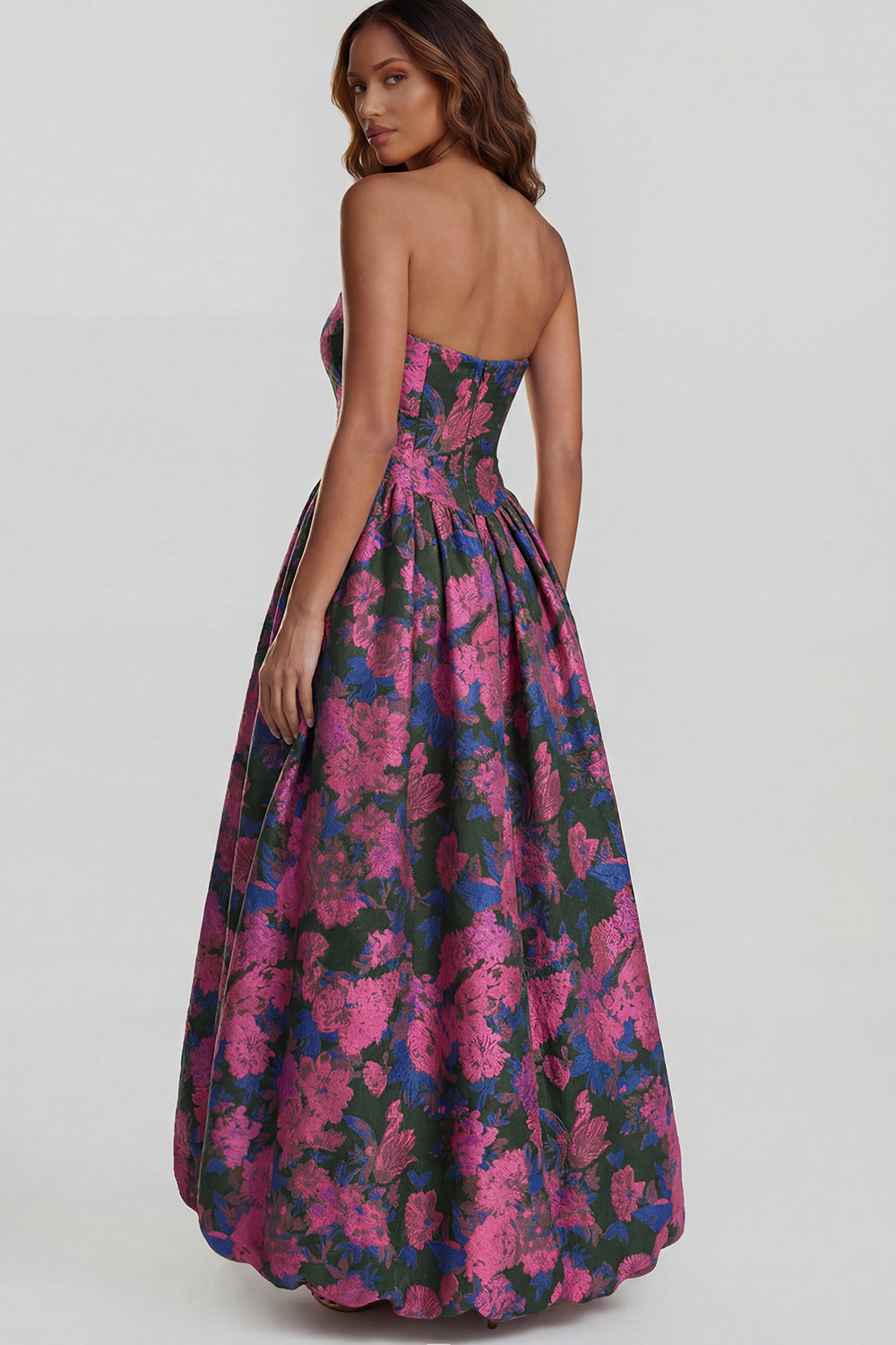Strapless A Line Blue White Floral Wedding Guest Dress with Slit - Image 18
