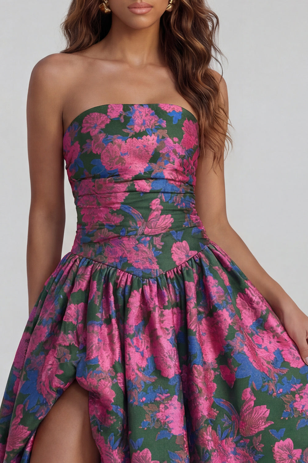 Strapless A Line Blue White Floral Wedding Guest Dress with Slit - Image 19