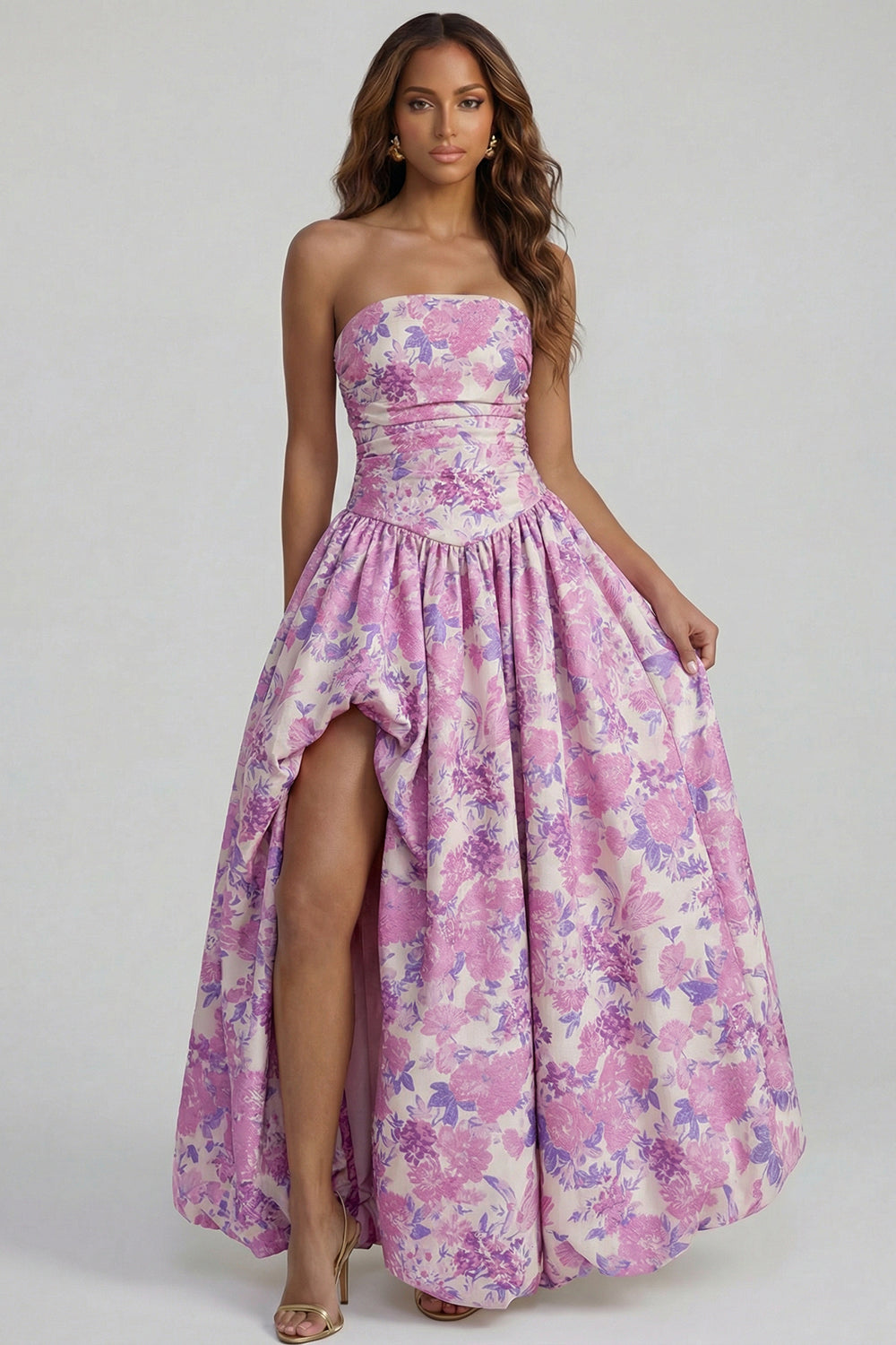Strapless A Line Blue White Floral Wedding Guest Dress with Slit - Image 21