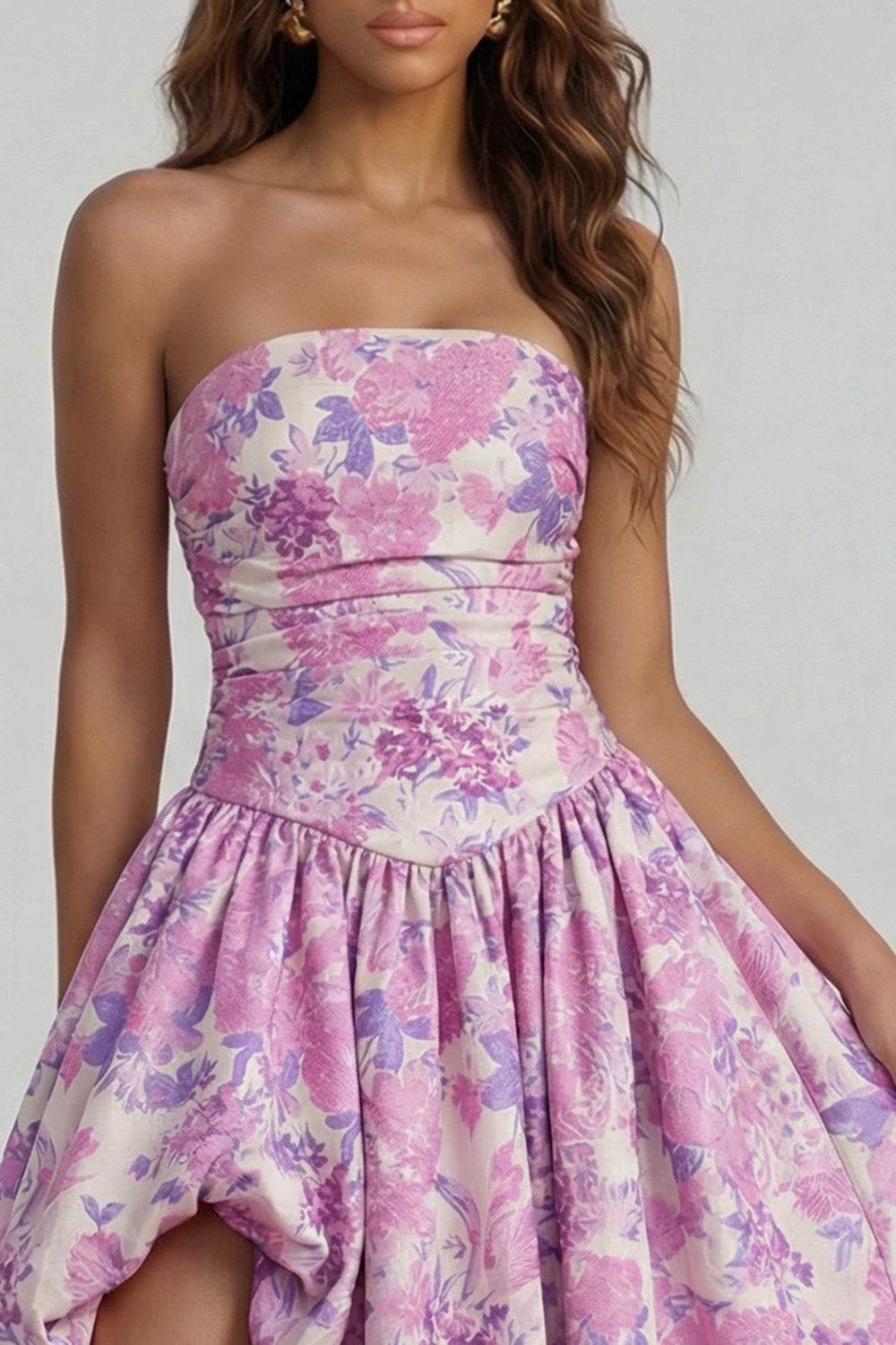 Strapless A Line Blue White Floral Wedding Guest Dress with Slit - Image 23