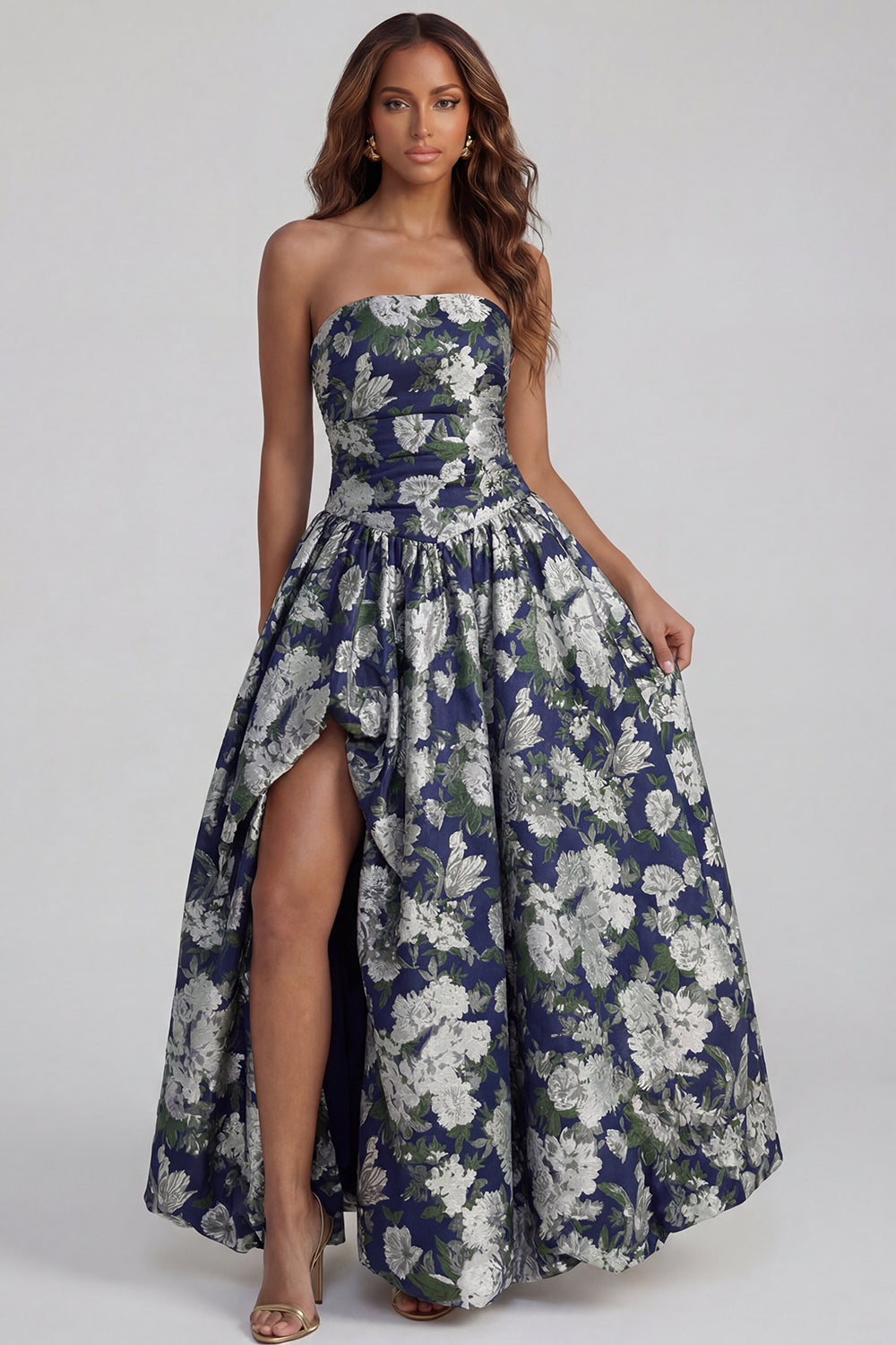 Strapless A Line Blue White Floral Wedding Guest Dress with Slit - Image 26