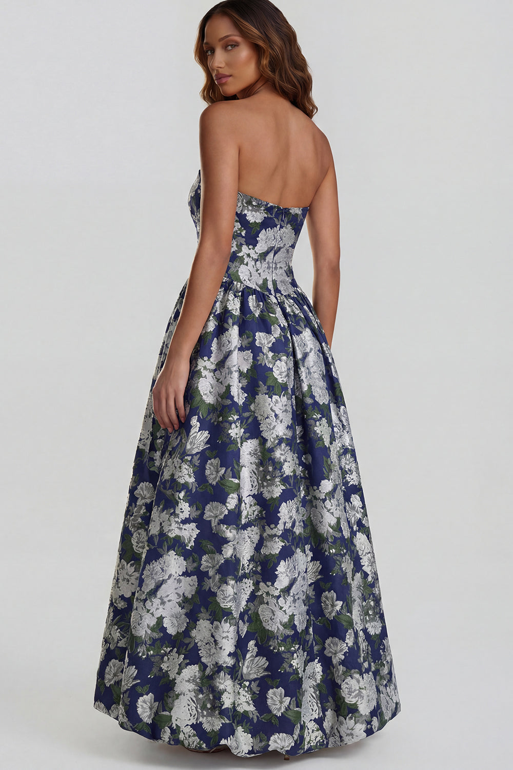 Strapless A Line Blue White Floral Wedding Guest Dress with Slit - Image 25