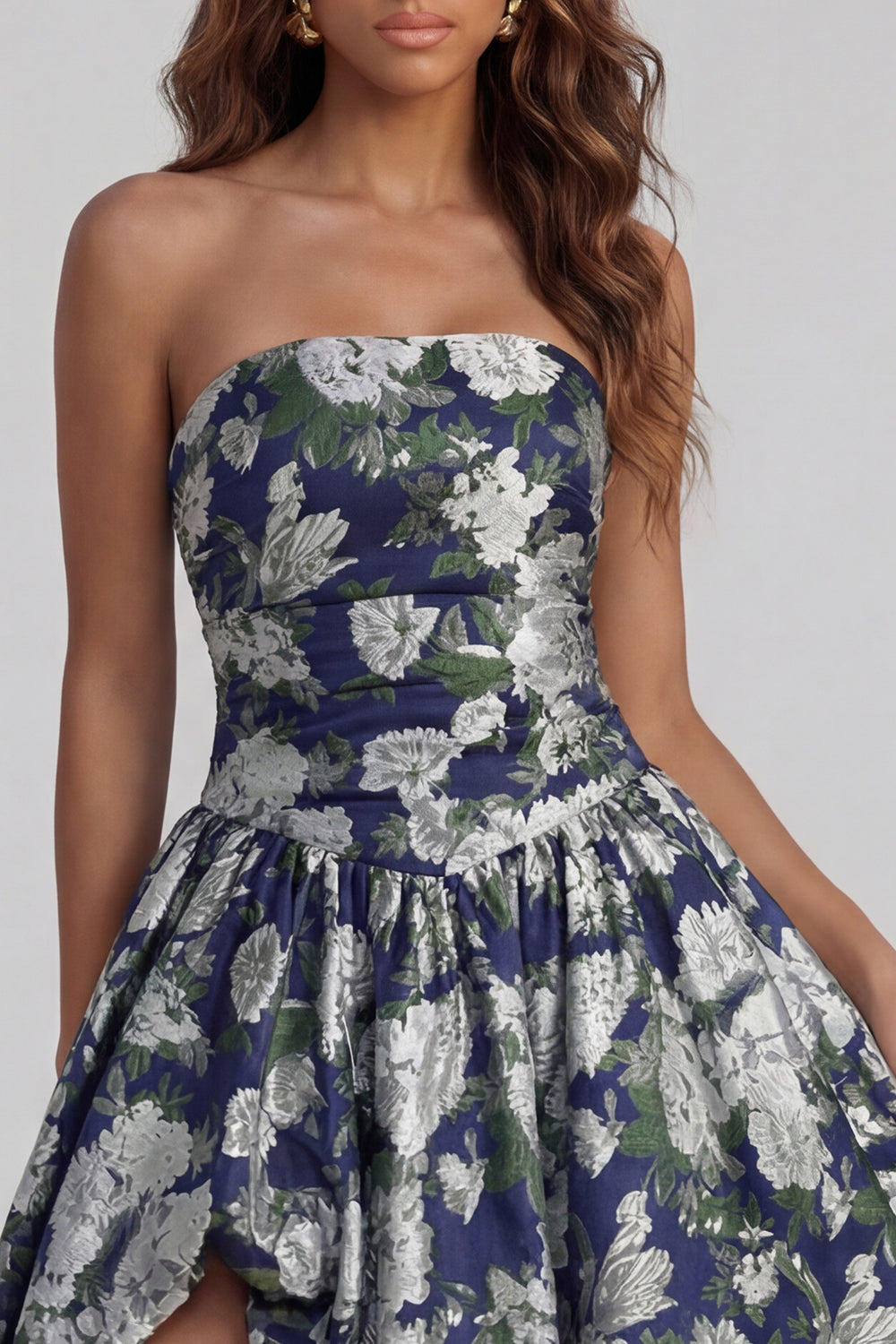 Strapless A Line Blue White Floral Wedding Guest Dress with Slit - Image 27