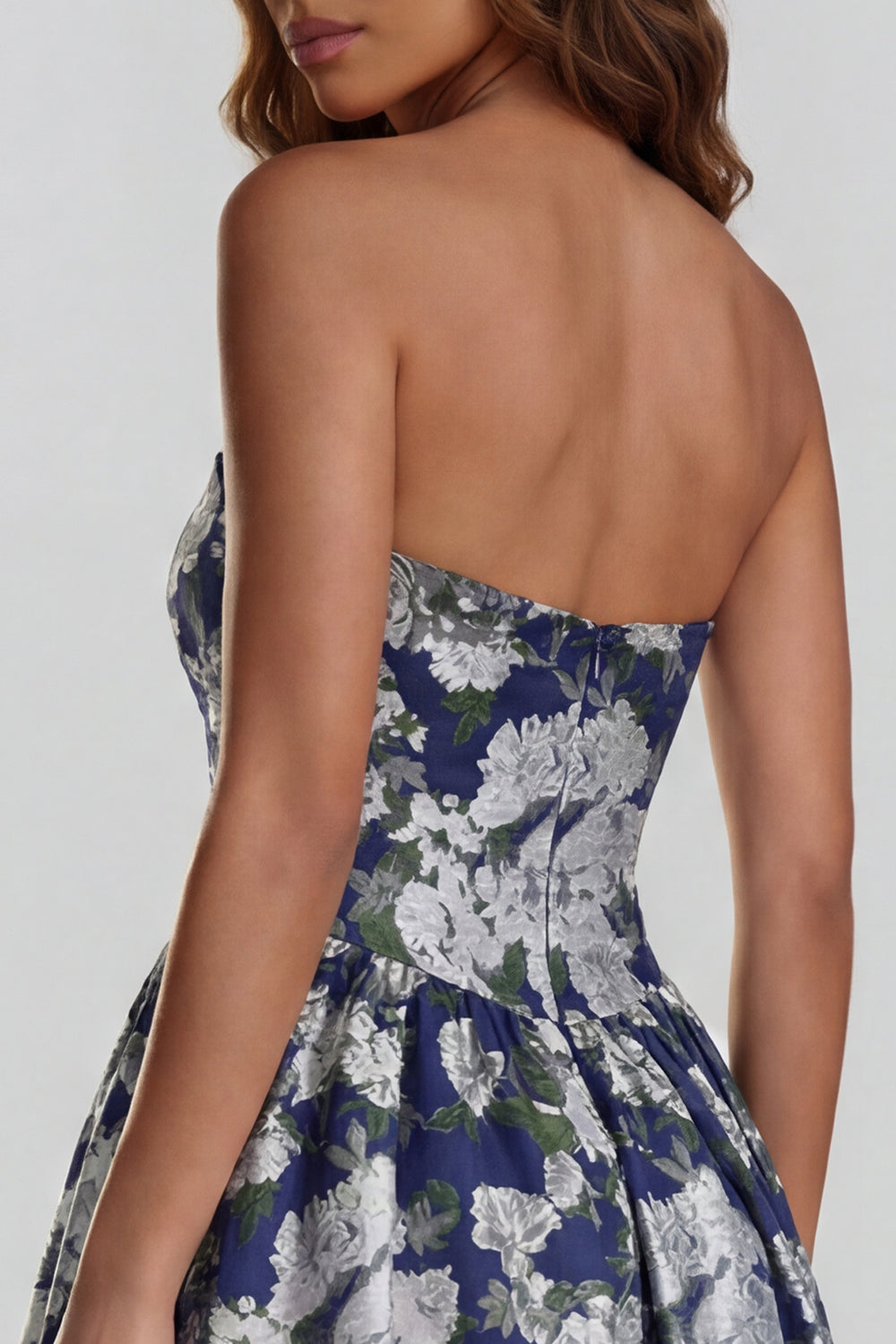 Strapless A Line Blue White Floral Wedding Guest Dress with Slit - Image 28