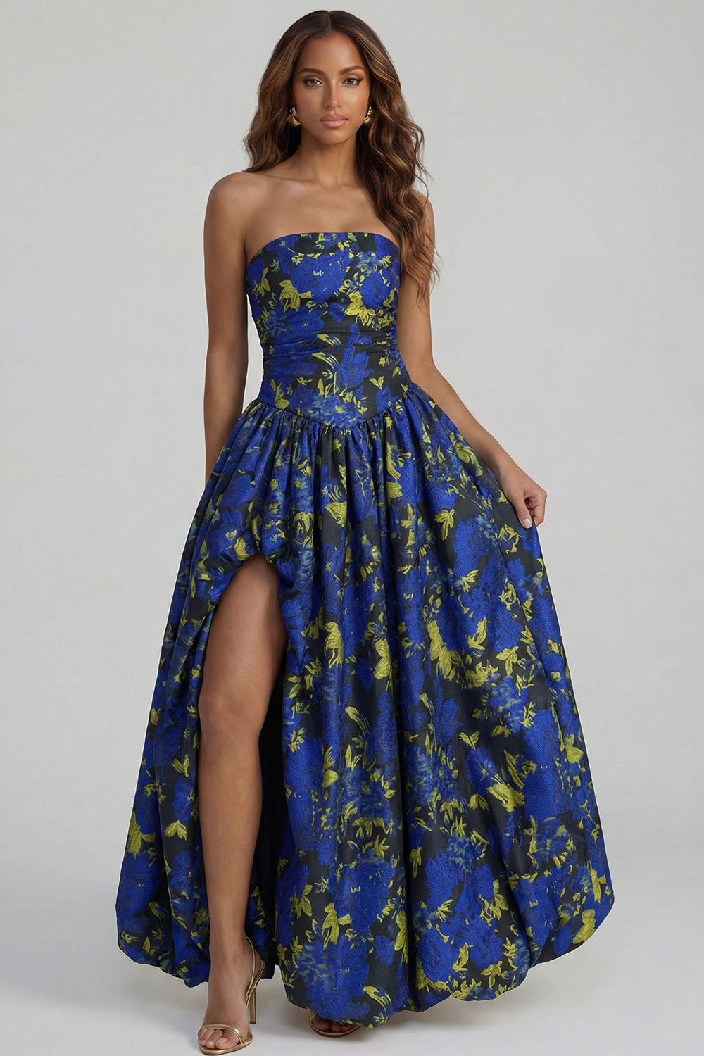 Strapless A Line Blue White Floral Wedding Guest Dress with Slit - Image 29